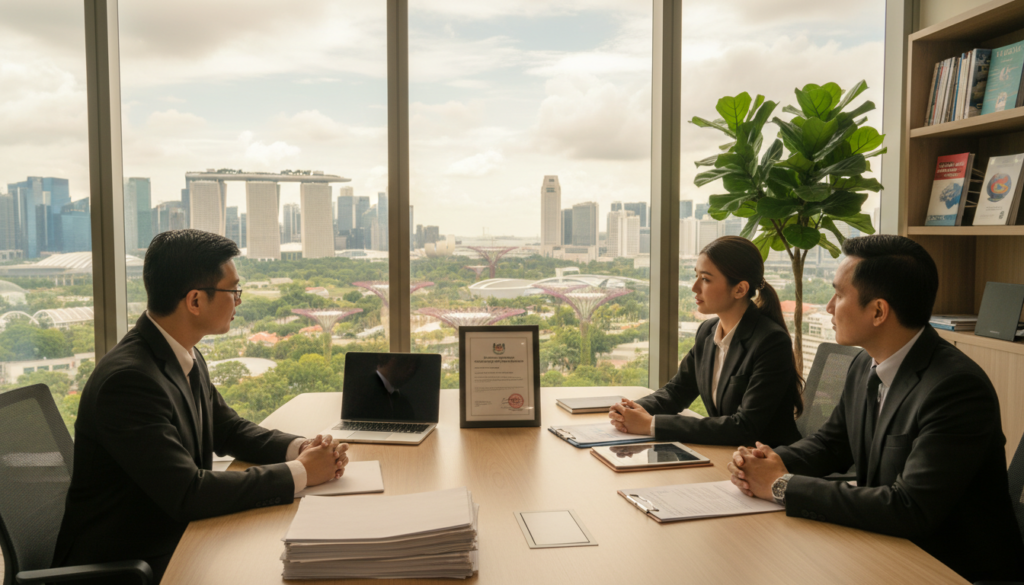 A photorealistic scene of a professional meeting in a modern office environment in Singapore to symbolize overseas founders incorporating a company. In the foreground, a diverse group of three individuals, dressed in smart business attire, are engaged in serious discussion around a sleek conference table filled with documents, a laptop, and a Singapore company registration certificate. In the middle, a large window showcases the iconic Singapore skyline with skyscrapers and greenery, adding to the vibrant high-tech atmosphere. In the background, subtle details of a well-appointed office, like shelves with financial books and an indoor plant, enhance the professionalism. Soft, natural lighting filters in through the window, creating a warm and inviting mood suitable for a business setting.
