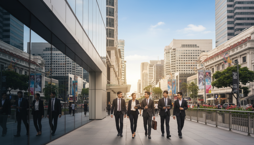 A photorealistic scene showcasing Orchard Road in Singapore, highlighting its prestige as a prime business location. In the foreground, a sleek, modern virtual office building with large glass windows reflects the vibrant city life. In the middle ground, elegantly dressed professionals in business attire navigate the bustling street, engaging in conversations while holding tablets and briefcases. The background features iconic Orchard Road elements, like luxury shopping malls and colorful street decorations, under a bright blue sky. Soft, diffused sunlight bathes the scene to create an inviting atmosphere, capturing the essence of business sophistication and urban energy, ideal for a professional setting.