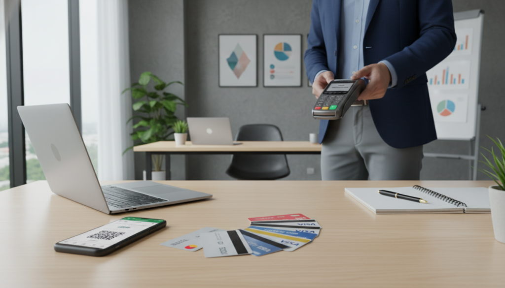 A photorealistic scene showcasing various payment methods used by businesses in Singapore. In the foreground, a sleek smartphone displaying a mobile payment app alongside physical credit and debit cards neatly arranged on a modern wooden desk. In the middle layer, a professional business person in smart casual attire is interacting with a payment terminal, demonstrating a transaction. The background features a stylish, contemporary office setting with soft natural light streaming through large windows, creating an inviting atmosphere. Include elements like a laptop, notebooks, and financial charts to enhance the business vibe. Capture the overall mood of efficiency and modernity in payment processing, ensuring a clear focus on the methods and tools prominently displayed in the scene. A photorealistic scene showcasing various payment methods used by businesses in Singapore. In the foreground, a sleek smartphone displaying a mobile payment app alongside physical credit and debit cards neatly arranged on a modern wooden desk. In the middle layer, a professional business person in smart casual attire is interacting with a payment terminal, demonstrating a transaction. The background features a stylish, contemporary office setting with soft natural light streaming through large windows, creating an inviting atmosphere. Include elements like a laptop, notebooks, and financial charts to enhance the business vibe. Capture the overall mood of efficiency and modernity in payment processing, ensuring a clear focus on the methods and tools prominently displayed in the scene.