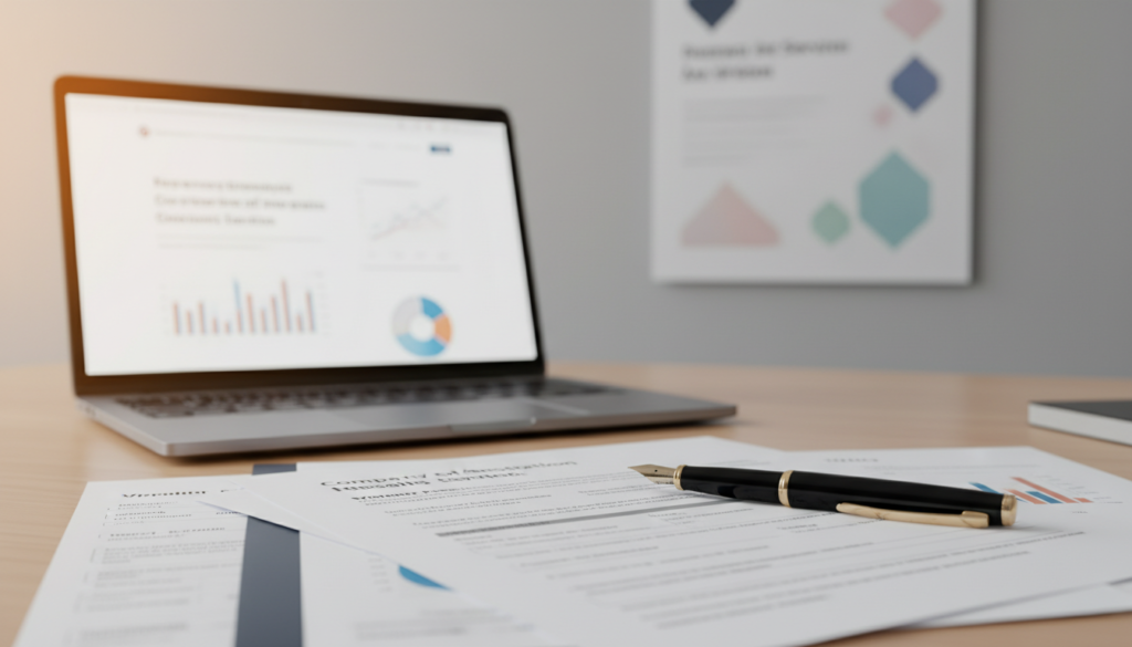 A photorealistic view of a neatly organized desk showcasing incorporation documents for a Singapore company. In the foreground, focus on a stack of official documents, including a registration application form, memorandum and articles of association, and tax forms, all clearly visible and well-arranged. A sleek black fountain pen is poised on top of the documents, hinting at the act of signing. In the middle, a modern laptop is open, displaying a soft-focus view of a web page related to company registration. In the background, a subtle arrangement of financial charts and a corporate branding poster in soft pastel colors creates an atmosphere of professionalism and preparation. The lighting is bright and warm, suggesting a productive workspace. A photorealistic view of a neatly organized desk showcasing incorporation documents for a Singapore company. In the foreground, focus on a stack of official documents, including a registration application form, memorandum and articles of association, and tax forms, all clearly visible and well-arranged. A sleek black fountain pen is poised on top of the documents, hinting at the act of signing. In the middle, a modern laptop is open, displaying a soft-focus view of a web page related to company registration. In the background, a subtle arrangement of financial charts and a corporate branding poster in soft pastel colors creates an atmosphere of professionalism and preparation. The lighting is bright and warm, suggesting a productive workspace.