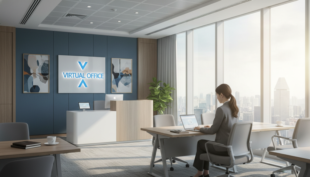 A photorealistic virtual office scene in Singapore, featuring a modern coworking space with sleek, stylish desks and comfortable seating. In the foreground, a professional woman in business attire is working on a laptop, surrounded by essentials like a laptop, notepad, and a coffee cup. The middle layer showcases an attractive reception area with elegant decor, showcasing a virtual office signage and a modern desk for a receptionist. In the background, large windows provide a view of the city skyline, with natural sunlight streaming in, creating a bright and inviting atmosphere. The color palette should include soothing tones of blue and grey, emphasizing a professional yet welcoming environment. The overall mood is focused and productive, reflecting the essence of a compliant virtual office.