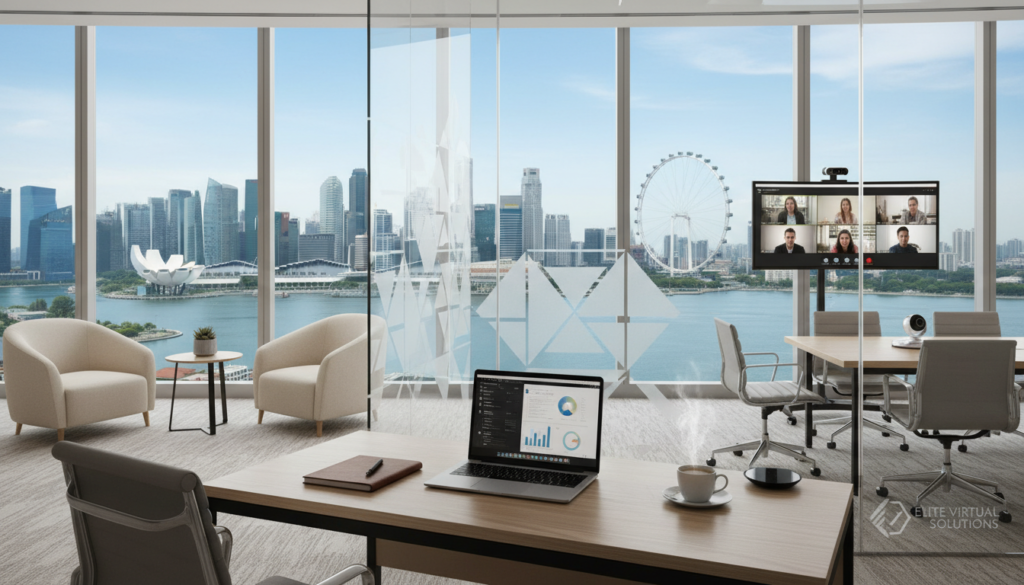A photorealistic virtual office scene set against the iconic Marina Bay skyline in Singapore, showcasing a sleek, modern workspace. In the foreground, a stylish office desk with a laptop, a notepad, and a coffee cup, exuding a professional yet inviting ambiance. In the middle ground, a glass partition separates two spaces: one with a comfortable seating area featuring minimalist furniture, and another equipped with a virtual meeting setup. The background highlights the panoramic view of Marina Bay, enhancing the elite business atmosphere. Soft, natural lighting streams in from large windows, creating a bright and airy feel. The mood is focused and professional, representing the essence of virtual office services offered by an elite business solution provider.