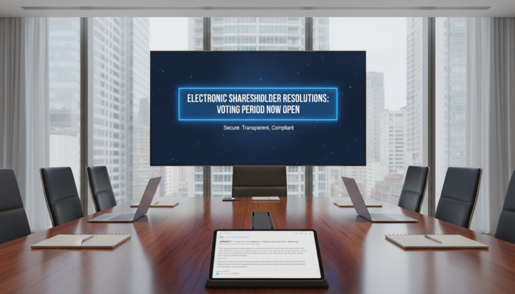 A polished conference room set up for a virtual meeting, focusing on a large digital screen displaying a clear, prominent notification about electronic shareholder resolutions. In the foreground, an elegant wooden conference table with a few sleek laptops, professional notepads, and a stylish pen, hinting at a professional atmosphere. In the middle, a modern digital tablet rests on the table, showcasing an email notification interface about convening compliant online meetings. In the background, large windows allow soft, natural light to flood the room, revealing a city skyline outside. The mood is serious yet optimistic, emphasizing clarity and professionalism in corporate communication. The image is photorealistic, capturing fine details like reflections and textures, with a focus on a slightly wide-angle perspective to enhance the depth of the setting.