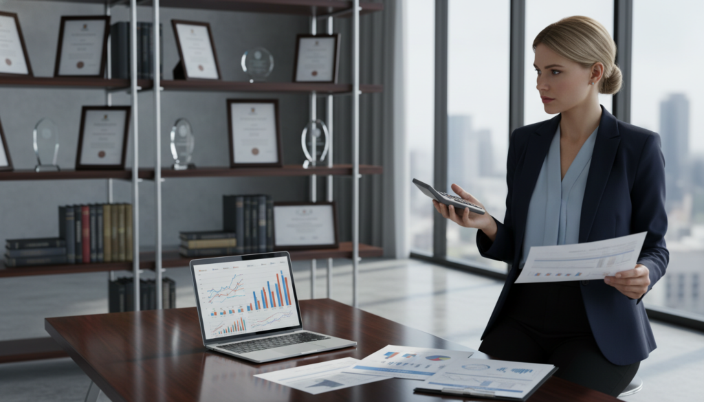A polished office interior, showcasing a modern workspace with a sleek desk filled with financial documents and a laptop displaying graphs. In the foreground, a confident businesswoman in professional attire reviews an asset depreciation schedule, holding a calculator. The middle ground features a stylish bookshelf with award certificates and financial books. In the background, large windows let in soft, natural light, casting gentle shadows across the floor. The atmosphere is focused and productive, emphasizing the theme of financial planning and capital allowances. The image should be captured with a shallow depth of field to highlight the businesswoman, creating a sense of engagement and professionalism. Photorealistic rendering. A polished office interior, showcasing a modern workspace with a sleek desk filled with financial documents and a laptop displaying graphs. In the foreground, a confident businesswoman in professional attire reviews an asset depreciation schedule, holding a calculator. The middle ground features a stylish bookshelf with award certificates and financial books. In the background, large windows let in soft, natural light, casting gentle shadows across the floor. The atmosphere is focused and productive, emphasizing the theme of financial planning and capital allowances. The image should be captured with a shallow depth of field to highlight the businesswoman, creating a sense of engagement and professionalism. Photorealistic rendering.