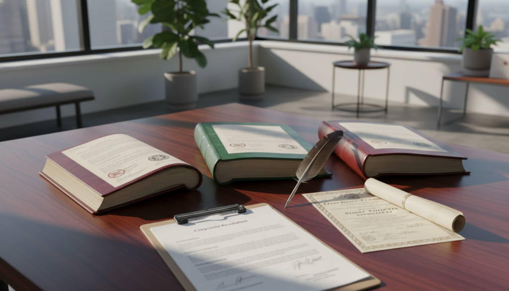 A polished wooden desk set in a well-lit office environment, featuring open statutory books with elegant leather bindings, detailed share certificates, and a feather quill pen resting beside them. In the foreground, showcase a clipboard holding neatly arranged documents, with soft shadows cast across the surface. The background has a blurred view of a modern office with potted plants, giving a professional and serene atmosphere. The lighting is warm and inviting, emphasizing the rich textures of the books and papers. Capture the scene from an overhead angle to convey a sense of organization and productivity. Focus on creating a photorealistic representation that highlights the importance of corporate record-keeping in a business setting.