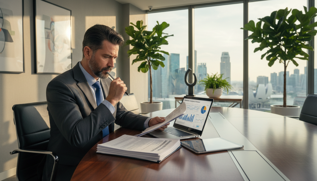 A professional Malaysian business director sitting at a sleek conference table, attentively reviewing documents related to Singapore company registration. In the foreground, a well-dressed middle-aged man in a tailored suit holds a pen, deep in thought, with a laptop open in front of him displaying charts and information. The middle ground features a stylish office environment adorned with plants and modern decor, emphasizing a professional atmosphere. In the background, large windows reveal the vibrant Singapore skyline bathed in soft daylight. The mood is focused and determined, reflecting the seriousness of business decisions. Use natural lighting to create a warm, inviting ambiance, captured with a wide-angle lens to enhance the spaciousness of the modern office. A professional Malaysian business director sitting at a sleek conference table, attentively reviewing documents related to Singapore company registration. In the foreground, a well-dressed middle-aged man in a tailored suit holds a pen, deep in thought, with a laptop open in front of him displaying charts and information. The middle ground features a stylish office environment adorned with plants and modern decor, emphasizing a professional atmosphere. In the background, large windows reveal the vibrant Singapore skyline bathed in soft daylight. The mood is focused and determined, reflecting the seriousness of business decisions. Use natural lighting to create a warm, inviting ambiance, captured with a wide-angle lens to enhance the spaciousness of the modern office.