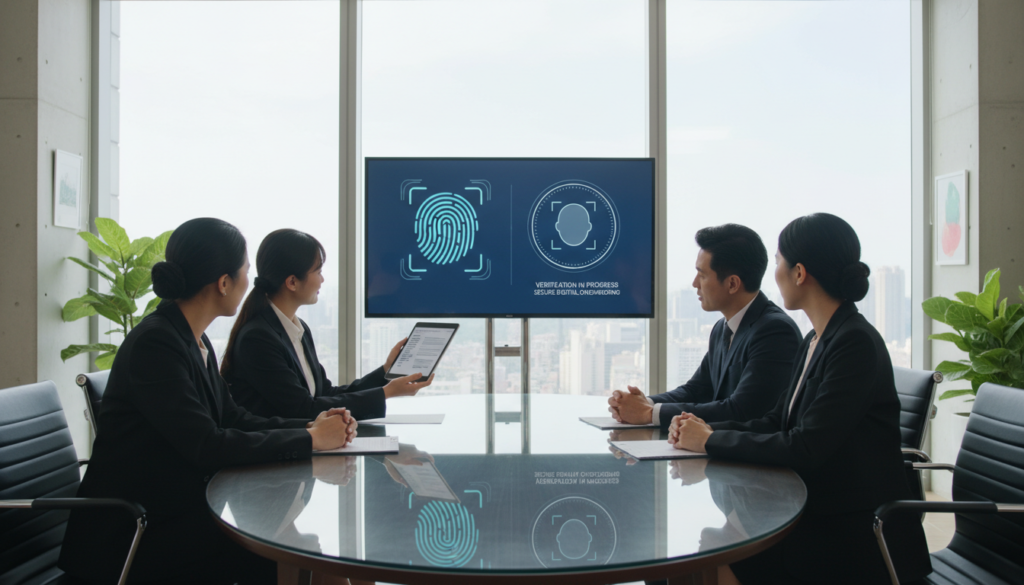 A professional and photorealistic image depicting a verification process for remote bank account opening. Foreground: a diverse group of four business professionals, two men and two women, dressed in smart business attire, seated around a sleek, modern conference table. Each is engaged in discussion, with one person showing documents on a tablet. Middle ground: a large screen displaying various digital authentication interfaces, including fingerprint and facial recognition icons. Background: a contemporary office space with large windows allowing natural light to flood in, giving an open and inviting atmosphere. The lighting is bright but soft, inducing a sense of professionalism and focus. The overall mood is collaborative and innovative, emphasizing the technological aspects of remote banking.