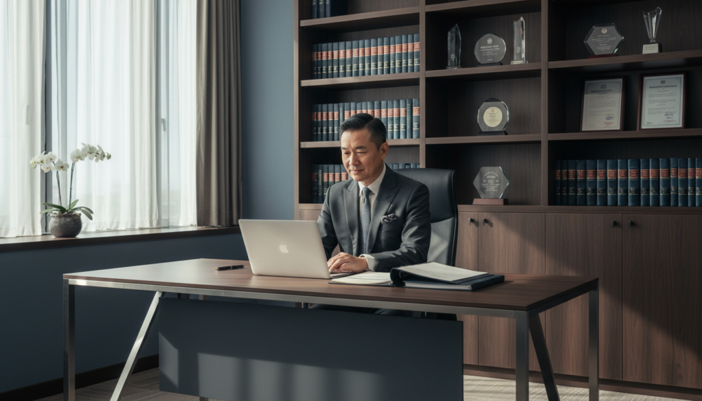 A professional and photorealistic portrayal of a resident director in an office setting. In the foreground, a middle-aged Asian man dressed in a sharp, tailored suit sits at a modern desk, focused on his laptop while reviewing documents. His expression conveys confidence and authority. In the middle background, shelves filled with legal books and business awards highlight his expertise. Soft, diffused natural light filters through large windows, casting gentle shadows that create a warm and inviting atmosphere. The camera angle is slightly above eye level, emphasizing the professionalism of the space. The overall mood is serious yet approachable, suitable for a corporate environment, reflecting the role of a nominee director overseeing non-resident owners in a Singaporean context.