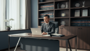 A professional and photorealistic portrayal of a resident director in an office setting. In the foreground, a middle-aged Asian man dressed in a sharp, tailored suit sits at a modern desk, focused on his laptop while reviewing documents. His expression conveys confidence and authority. In the middle background, shelves filled with legal books and business awards highlight his expertise. Soft, diffused natural light filters through large windows, casting gentle shadows that create a warm and inviting atmosphere. The camera angle is slightly above eye level, emphasizing the professionalism of the space. The overall mood is serious yet approachable, suitable for a corporate environment, reflecting the role of a nominee director overseeing non-resident owners in a Singaporean context.