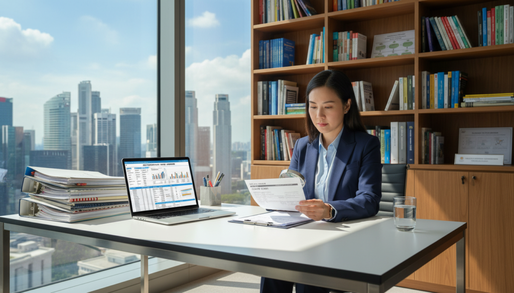 A professional auditor sitting at a sleek modern office desk, focused on reviewing financial documents related to a GST audit in Singapore. The foreground features stacks of organized paperwork and a laptop displaying spreadsheets. The auditor, dressed in a smart business attire, has a thoughtful expression, with a magnifying glass in hand, examining a tax document closely. In the middle ground, there’s a window revealing a city skyline of Singapore, with contemporary skyscrapers under a bright blue sky. The background shows a bookshelf filled with accounting books and charts. The lighting is bright and natural, creating a serious yet calm atmosphere, emphasizing professionalism and diligence in the audit process. The overall tone is informative and focused, highlighting the importance of the IRAS audit checks.