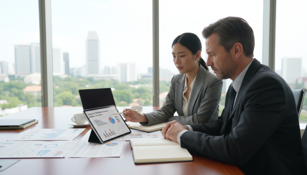 A professional business environment featuring a diverse group of three individuals engaged in a discussion about tax exemption on resident company dividends. In the foreground, a well-dressed Asian female financial consultant points to a document with key charts and graphs illustrating dividend taxation rules, while a middle-aged Caucasian male investor listens attentively. The middle ground showcases an elegant conference table with financial papers, a laptop, and coffee cups. In the background, a modern office with large windows displaying a skyline view of Singapore, filled with natural light. The atmosphere is serious yet collaborative, emphasizing professionalism and focus on financial knowledge. The image is photorealistic, captured with a slightly wide lens to include the dynamic environment around them. A professional business environment featuring a diverse group of three individuals engaged in a discussion about tax exemption on resident company dividends. In the foreground, a well-dressed Asian female financial consultant points to a document with key charts and graphs illustrating dividend taxation rules, while a middle-aged Caucasian male investor listens attentively. The middle ground showcases an elegant conference table with financial papers, a laptop, and coffee cups. In the background, a modern office with large windows displaying a skyline view of Singapore, filled with natural light. The atmosphere is serious yet collaborative, emphasizing professionalism and focus on financial knowledge. The image is photorealistic, captured with a slightly wide lens to include the dynamic environment around them.