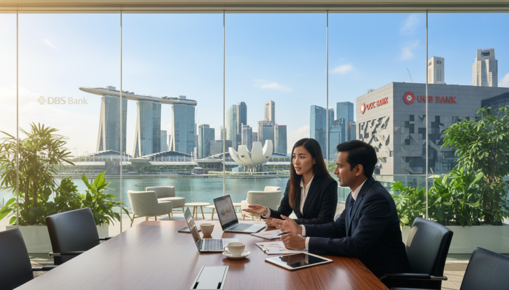 A professional business environment showcasing the top local banks in Singapore offering business services. In the foreground, two diverse business professionals in smart business attire are seated at a sleek conference table, engaged in a productive discussion, with laptops and financial documents in front of them. The middle ground features a modern Singapore bank branch, with clear glass walls showcasing the bank's logo and sleek interiors filled with plants. In the background, the iconic skyline of Singapore is visible, including the Marina Bay Sands and surrounding skyscrapers under a bright blue sky. Soft natural lighting filters through the glass, creating an optimistic and welcoming atmosphere, highlighting the essence of opportunity for SMEs and new ventures.