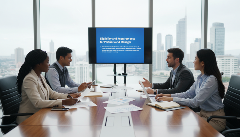 A professional business meeting scene set in a modern office environment. In the foreground, a diverse group of four individuals dressed in smart business attire, including a man in a tailored suit, a woman in a chic blazer, and two other professionals in professional casual wear, are gathered around a sleek conference table covered with documents and a laptop. In the middle ground, a large screen displays a checklist titled "Eligibility and Requirements for Partners and Manager," with bullet points visible but no text. The background features a panoramic city view through large glass windows, with soft, diffused natural lighting enhancing the photorealistic setting. The mood is collaborative and focused, emphasizing professionalism and clarity. A professional business meeting scene set in a modern office environment. In the foreground, a diverse group of four individuals dressed in smart business attire, including a man in a tailored suit, a woman in a chic blazer, and two other professionals in professional casual wear, are gathered around a sleek conference table covered with documents and a laptop. In the middle ground, a large screen displays a checklist titled "Eligibility and Requirements for Partners and Manager," with bullet points visible but no text. The background features a panoramic city view through large glass windows, with soft, diffused natural lighting enhancing the photorealistic setting. The mood is collaborative and focused, emphasizing professionalism and clarity.