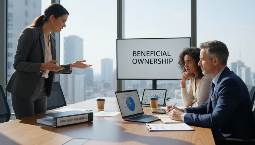 A professional business meeting scene showcasing diverse individuals discussing ownership structures. In the foreground, a confident woman in a sleek business suit gestures towards a laptop displaying a pie chart. Beside her, a middle-aged man in a tailored suit takes notes, while a younger woman in smart casual attire looks on intently. In the middle ground, a large conference table is laden with documents and a digital tablet featuring graphs and statistics. The background reveals a modern office with large windows letting in bright, natural light, casting soft shadows. The atmosphere is focused and collaborative, emphasizing the importance of understanding beneficial ownership. The overall look is photorealistic, capturing the essence of a professional environment with attention to detail in expressions and attire.