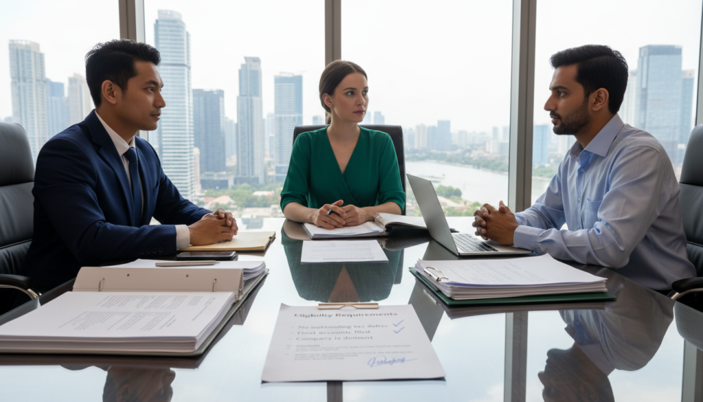 A professional business meeting setting in an upscale office environment, featuring a diverse group of three individuals: a Southeast Asian man in a tailored suit, a Caucasian woman in a smart dress, and an Indian man in a button-up shirt, all engaged in a discussion around a polished conference table filled with documents and a laptop. In the foreground, focus on the documents highlighting "Eligibility Requirements," with checkmarks next to criteria like "No outstanding tax debts," "Final accounts filed," and "Company is dormant." The background should include a sleek cityscape visible through large glass windows, under bright, natural lighting that enhances the professionalism of the scene. The mood is serious yet collaborative, emphasizing clarity and diligence in the company closure process. A professional business meeting setting in an upscale office environment, featuring a diverse group of three individuals: a Southeast Asian man in a tailored suit, a Caucasian woman in a smart dress, and an Indian man in a button-up shirt, all engaged in a discussion around a polished conference table filled with documents and a laptop. In the foreground, focus on the documents highlighting "Eligibility Requirements," with checkmarks next to criteria like "No outstanding tax debts," "Final accounts filed," and "Company is dormant." The background should include a sleek cityscape visible through large glass windows, under bright, natural lighting that enhances the professionalism of the scene. The mood is serious yet collaborative, emphasizing clarity and diligence in the company closure process.
