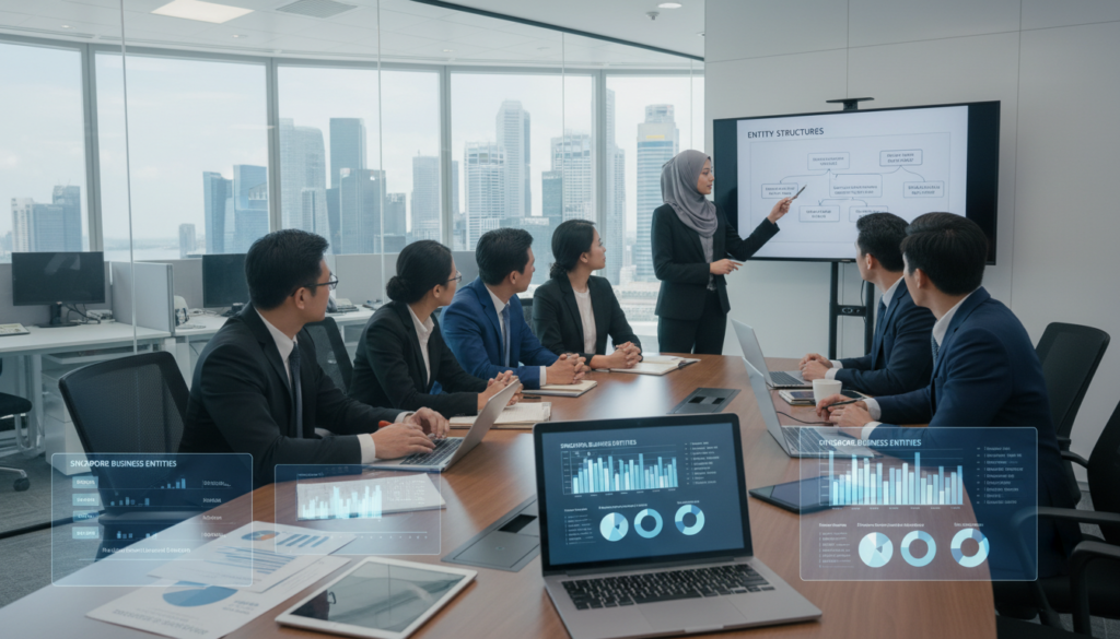 A professional business setting depicting a group of diverse professionals in business attire, engaging in a lively discussion around a large conference table. The foreground features a close-up of documents and digital devices with charts and graphs illustrating different business entities in Singapore, such as sole proprietorships, partnerships, and corporations. In the middle ground, a diverse group of individuals, including a Malaysian woman and a Singaporean man, are pointing at a digital presentation on a screen that showcases various entity structures. The background reveals modern office elements like glass partitions and city skyline views through expansive windows. Soft, natural lighting floods the room, creating a collaborative and insightful atmosphere, with a focus on strategic decision-making for business operations. Photorealistic style. A professional business setting depicting a group of diverse professionals in business attire, engaging in a lively discussion around a large conference table. The foreground features a close-up of documents and digital devices with charts and graphs illustrating different business entities in Singapore, such as sole proprietorships, partnerships, and corporations. In the middle ground, a diverse group of individuals, including a Malaysian woman and a Singaporean man, are pointing at a digital presentation on a screen that showcases various entity structures. The background reveals modern office elements like glass partitions and city skyline views through expansive windows. Soft, natural lighting floods the room, creating a collaborative and insightful atmosphere, with a focus on strategic decision-making for business operations. Photorealistic style.