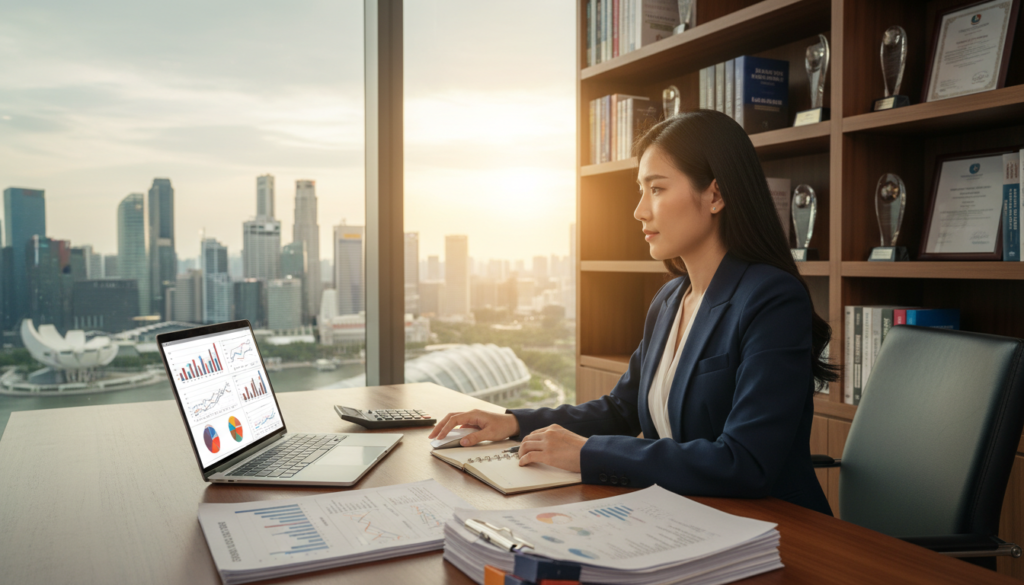 A professional business setting featuring a sleek, modern office desk with a laptop, financial documents, and a calculator, symbolizing foreign income reporting. In the foreground, a well-dressed Asian businesswoman, focused and thoughtful, reviewing charts and graphs on her laptop with a notepad beside her. The middle ground showcases a window with a panoramic view of Singapore's skyline, bathed in warm, natural sunlight, creating a bright and optimistic atmosphere. The background includes shelves lined with financial books and awards, emphasizing expertise. The image should have soft lighting to evoke a sense of professionalism and clarity, captured with a shallow depth of field to keep the focus on the woman and her work while blurring the background subtly.
