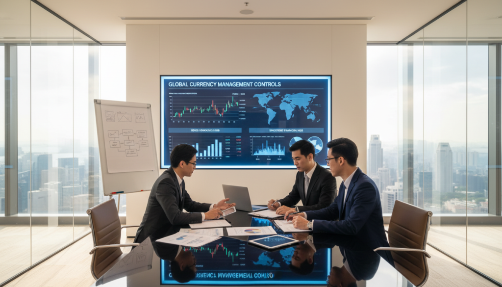 A professional business setting illustrating internal controls for foreign currency management in Singapore. In the foreground, a diverse group of three business professionals in smart attire, seated around a modern conference table, are analyzing financial documents and discussing strategies. The middle ground features a large digital screen displaying financial charts and graphs, emphasizing currency trends and risk analysis. The background reveals a sleek office environment with city skyline views through large windows, reflecting Singapore's urban landscape. Soft, natural lighting fills the room, creating a focused yet collaborative atmosphere. The composition should convey a sense of professionalism, teamwork, and clarity in managing currency controls.