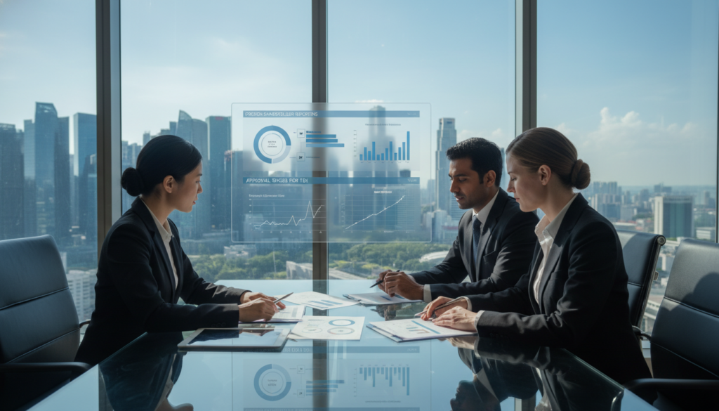A professional business setting illustrating the concept of "approval requirements acquisition" for foreign investors. In the foreground, a diverse group of three business professionals, dressed in formal business attire, engage in discussion around a sleek conference table, with documents and digital devices that reflect compliance and regulatory frameworks. The middle ground showcases a large screen displaying infographics and charts related to foreign shareholder reporting. In the background, large windows offer a panoramic view of Singapore’s skyline, hinting at the business landscape. The scene is bathed in natural light, creating a productive atmosphere. The angle captures both the sense of collaboration and the seriousness of regulatory compliance, emphasizing the importance of approvals and enhanced disclosure for foreign investors. Photorealistic details enhance the realism, reflecting a professional setting. A professional business setting illustrating the concept of "approval requirements acquisition" for foreign investors. In the foreground, a diverse group of three business professionals, dressed in formal business attire, engage in discussion around a sleek conference table, with documents and digital devices that reflect compliance and regulatory frameworks. The middle ground showcases a large screen displaying infographics and charts related to foreign shareholder reporting. In the background, large windows offer a panoramic view of Singapore’s skyline, hinting at the business landscape. The scene is bathed in natural light, creating a productive atmosphere. The angle captures both the sense of collaboration and the seriousness of regulatory compliance, emphasizing the importance of approvals and enhanced disclosure for foreign investors. Photorealistic details enhance the realism, reflecting a professional setting.