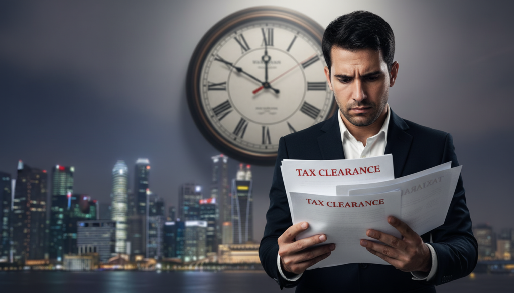 A professional business setting illustrating the risks associated with tax clearance. In the foreground, a concerned business owner in formal attire examines a stack of documents marked "Tax Clearance" with a worried expression, emphasizing the emotional stress of potential penalties. The middle ground features a large, looming clock symbolizing the urgency and ticking deadlines related to tax compliance. In the background, a blurred skyline of Singapore, representing the location, adds context. The lighting is bright but slightly harsh, casting shadows that evoke tension. The overall mood is serious and contemplative, reflecting the high stakes of getting tax clearance wrong, in a photorealistic style. A professional business setting illustrating the risks associated with tax clearance. In the foreground, a concerned business owner in formal attire examines a stack of documents marked "Tax Clearance" with a worried expression, emphasizing the emotional stress of potential penalties. The middle ground features a large, looming clock symbolizing the urgency and ticking deadlines related to tax compliance. In the background, a blurred skyline of Singapore, representing the location, adds context. The lighting is bright but slightly harsh, casting shadows that evoke tension. The overall mood is serious and contemplative, reflecting the high stakes of getting tax clearance wrong, in a photorealistic style.