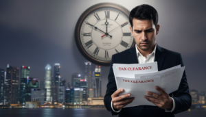 A professional business setting illustrating the risks associated with tax clearance. In the foreground, a concerned business owner in formal attire examines a stack of documents marked "Tax Clearance" with a worried expression, emphasizing the emotional stress of potential penalties. The middle ground features a large, looming clock symbolizing the urgency and ticking deadlines related to tax compliance. In the background, a blurred skyline of Singapore, representing the location, adds context. The lighting is bright but slightly harsh, casting shadows that evoke tension. The overall mood is serious and contemplative, reflecting the high stakes of getting tax clearance wrong, in a photorealistic style.