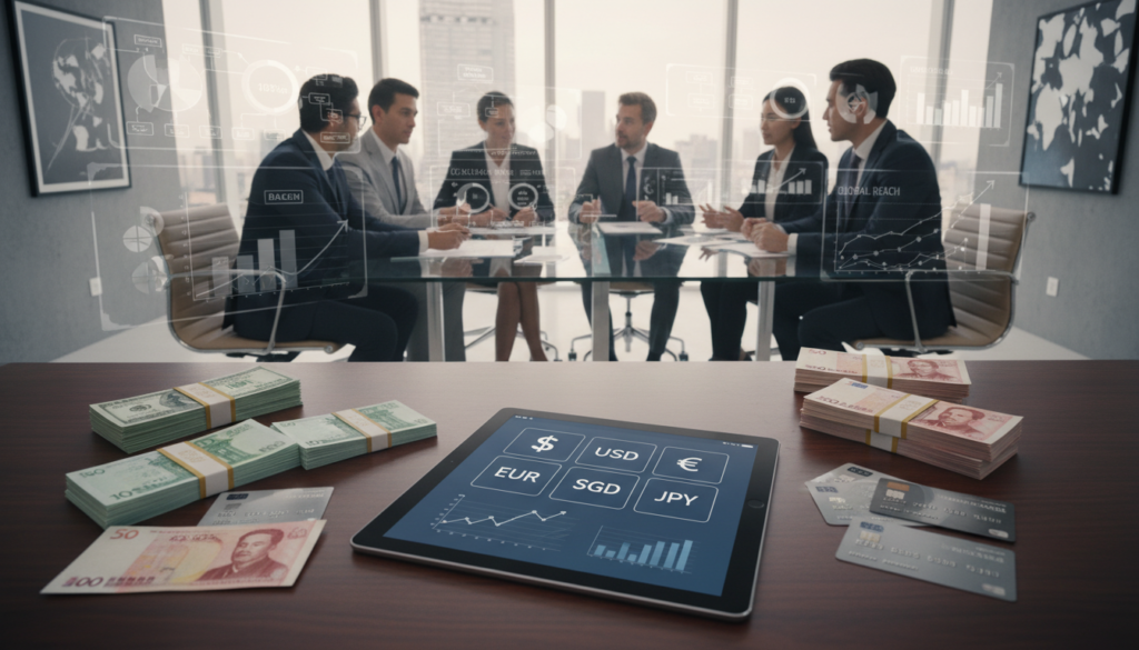A professional business setting showcasing a multi-currency account concept. In the foreground, a sleek digital tablet displays various currency symbols (USD, EUR, SGD, JPY) on its screen, with an open banking app interface. Surrounding the tablet are stacks of international banknotes and elegantly designed credit/debit cards. In the middle ground, a diverse group of business professionals in smart attire are engaged in discussion, surrounded by flowcharts and graphs depicting financial growth. The background features a modern office environment with large windows allowing soft, natural light to filter in, creating a bright and inviting atmosphere. The overall mood is one of prosperity and professionalism, emphasizing innovation in banking. A professional business setting showcasing a multi-currency account concept. In the foreground, a sleek digital tablet displays various currency symbols (USD, EUR, SGD, JPY) on its screen, with an open banking app interface. Surrounding the tablet are stacks of international banknotes and elegantly designed credit/debit cards. In the middle ground, a diverse group of business professionals in smart attire are engaged in discussion, surrounded by flowcharts and graphs depicting financial growth. The background features a modern office environment with large windows allowing soft, natural light to filter in, creating a bright and inviting atmosphere. The overall mood is one of prosperity and professionalism, emphasizing innovation in banking.