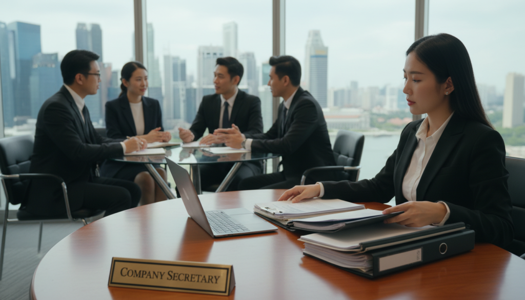 A professional company secretary in a modern office environment, seated at a sleek wooden desk with a laptop, meticulously organizing files and documents. The foreground features a polished brass nameplate reading "Company Secretary." In the middle, a diverse group of professionals in smart business attire, engaged in a discussion about governance, with a large window revealing the Singapore skyline in the background under bright, natural lighting. The scene is captured with a shallow depth of field to emphasize the secretary's focused expression while softening the background details. The atmosphere is one of professionalism and collaboration, highlighting the importance of governance support in the board structure. Photorealistic details enhance the overall impression of a dynamic corporate environment.