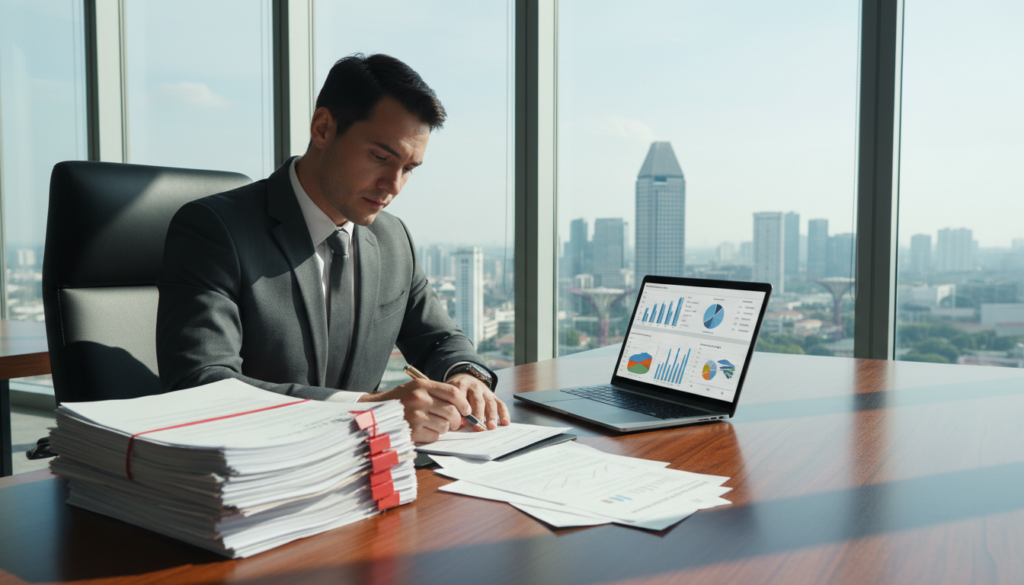 A professional-looking liquidator wearing a tailored suit, seated at a modern conference table in a well-lit office. The foreground includes a stack of legal documents and financial reports, emphasizing the seriousness of the liquidation process. In the middle ground, the liquidator is focused on analyzing the paperwork, with a determined expression, while a laptop displays financial graphs and data. The background features large windows with a view of Singapore's skyline, bringing in natural light that creates a sophisticated atmosphere. The overall mood is contemplative and professional, capturing the gravity of winding up a company. The image should be photorealistic, shot from a slight angle to showcase both the liquidator and the cityscape beyond. A professional-looking liquidator wearing a tailored suit, seated at a modern conference table in a well-lit office. The foreground includes a stack of legal documents and financial reports, emphasizing the seriousness of the liquidation process. In the middle ground, the liquidator is focused on analyzing the paperwork, with a determined expression, while a laptop displays financial graphs and data. The background features large windows with a view of Singapore's skyline, bringing in natural light that creates a sophisticated atmosphere. The overall mood is contemplative and professional, capturing the gravity of winding up a company. The image should be photorealistic, shot from a slight angle to showcase both the liquidator and the cityscape beyond.