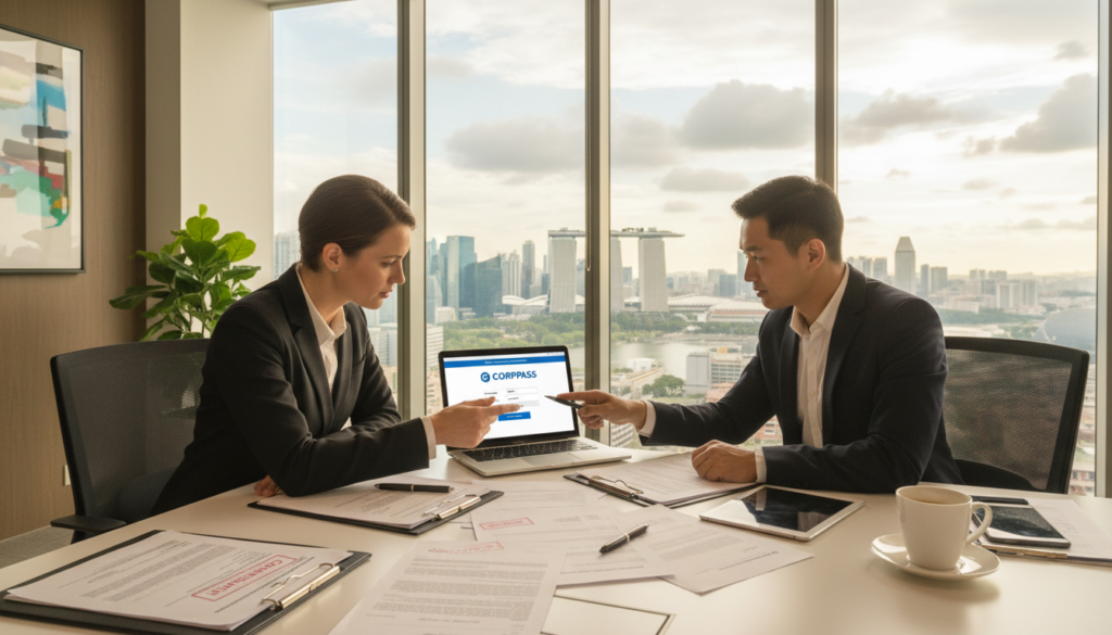 A professional office environment focused on the CorpPass registration process, featuring a diverse group of two business professionals in smart business attire—one guiding the other through the registration on a laptop. In the foreground, there is a desk cluttered with registration documents, a laptop displaying the CorpPass login page, and a cup of coffee. In the middle ground, a large window lets in natural light, illuminating the modern office space with minimalist décor. The background shows a cityscape view of Singapore through the window, conveying a sense of business and efficiency. The lighting is bright and warm, creating a professional yet inviting atmosphere that emphasizes the importance of compliance in business operations.