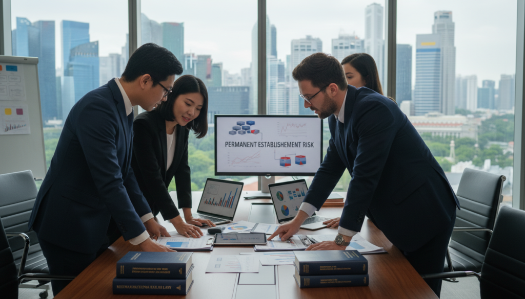 A professional office environment in Singapore, highlighting the concept of remote operations and permanent establishment risk assessment. In the foreground, a diverse group of business professionals in smart business attire, engaged in discussions around digital devices and financial documents, displaying focused expressions. The middle layer features a large conference table with laptops, legal texts, and analytical charts. In the background, a large window showcases the iconic Singapore skyline with modern skyscrapers and greenery. The lighting is bright and natural, creating a productive atmosphere, while a shallow depth of field softly blurs the background, emphasizing the professionals. The mood is serious yet collaborative, reflecting the importance of understanding legal frameworks in remote operations. A professional office environment in Singapore, highlighting the concept of remote operations and permanent establishment risk assessment. In the foreground, a diverse group of business professionals in smart business attire, engaged in discussions around digital devices and financial documents, displaying focused expressions. The middle layer features a large conference table with laptops, legal texts, and analytical charts. In the background, a large window showcases the iconic Singapore skyline with modern skyscrapers and greenery. The lighting is bright and natural, creating a productive atmosphere, while a shallow depth of field softly blurs the background, emphasizing the professionals. The mood is serious yet collaborative, reflecting the importance of understanding legal frameworks in remote operations.