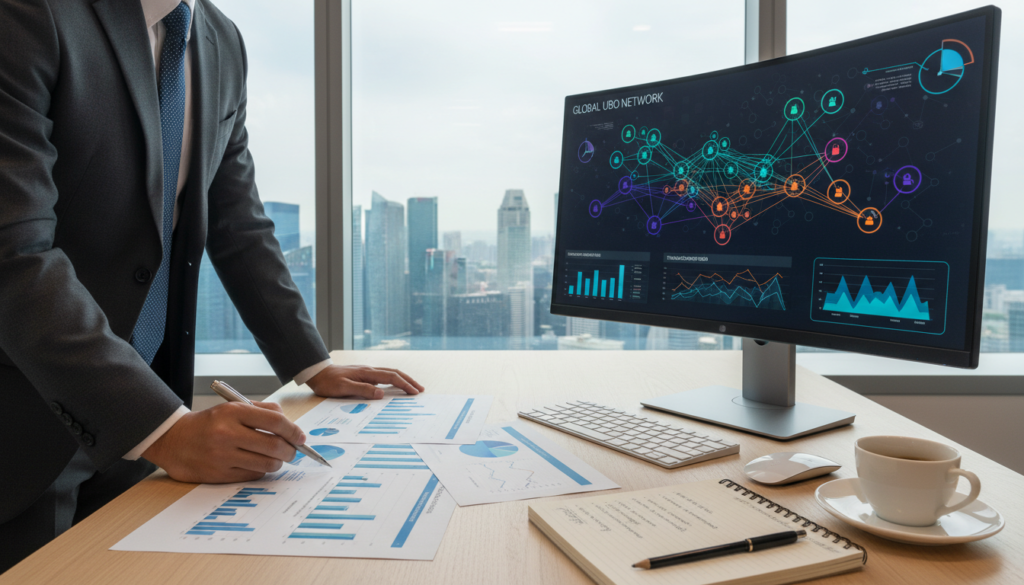 A professional office environment showcasing an organized desk with a computer screen displaying a colorful, dynamic visualization of beneficial ownership data. In the foreground, a business professional in formal attire, such as a suit, is reviewing documents that depict charts and graphs related to Ultimate Beneficial Owner (UBO) information. In the middle, a coffee cup and a notepad filled with notes about AML, KYC, and customer due diligence procedures add context. The background features a large window with soft, diffused natural light illuminating the room, and cityscape views of Singapore. The atmosphere is focused and analytical, conveying diligence and transparency in business practices.