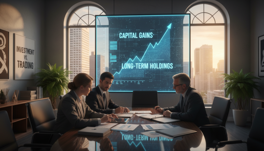 A professional office environment showcasing the concept of "investment holding." In the foreground, a diverse group of three business professionals in smart attire discussing financial reports around a modern conference table, analyzing charts and documents. In the middle, a large screen displays a vibrant graph highlighting investment trends and capital gains, with an elegant city skyline visible through the windows, suggesting a sense of strategy and foresight. The background features a well-organized office with potted plants and motivational artwork on the walls. Soft, natural lighting filters in, creating a warm and collaborative atmosphere. The overall mood should convey professionalism, focus, and the intricacies of financial decision-making, emphasizing the distinction between trading and investing. Photorealistic style, captured from a slightly elevated angle.