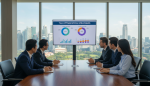 A professional office interior, featuring a sleek wooden conference table at the forefront surrounded by business professionals in smart attire, discussing tax strategies. In the middle ground, a large screen displays a graphical report highlighting tax exemption strategies, with pie charts and figures. Behind, urban Singaporean skyline visible through floor-to-ceiling windows, allowing natural light to flood the room, creating a bright and optimistic atmosphere. The scene is shot from a slightly elevated angle, focusing on the collaboration and engagement among team members. Soft, diffused lighting enhances the professionalism, evoking a sense of strategy and forward-thinking in business planning.