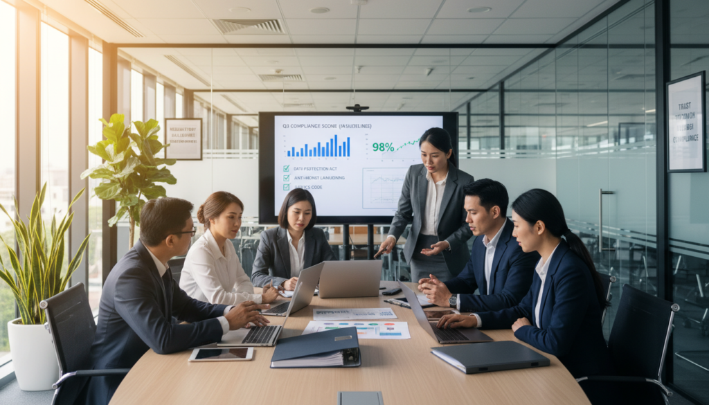 A professional office setting capturing the essence of compliance requirements in Singapore. In the foreground, a diverse group of professionals, dressed in smart business attire, are engaged in animated discussion around a modern conference table strewn with compliance documents, charts, and laptops. The middle ground features a large wall screen displaying key compliance metrics and a checklist. In the background, a well-organized office environment with glass partitions, indoor plants, and motivational posters emphasizing regulatory diligence. Soft, natural lighting filters through large windows, creating an inviting atmosphere. The overall mood conveys seriousness and dedication to compliance, reflecting the ongoing administrative tasks associated with business operations in Singapore.