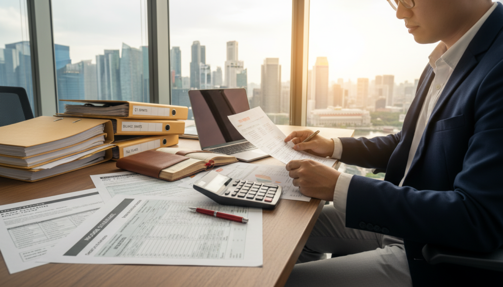 A professional office setting depicting a desk filled with financial documents showcasing reported income. In the foreground, a focused business professional in formal attire analyzes these documents, with a calculator and laptop near them. The middle ground features a neat stack of organized files, an open ledger, and various tax forms prominently highlighting details of income reports. The background illustrates a modern virtual office environment with a large window allowing natural light to flood the room, casting a warm glow. A subtle urban skyline can be seen outside, symbolizing Singapore. The atmosphere should convey diligence and seriousness, with a slight sense of urgency and the importance of compliance. The image should be captured in sharp focus to maintain photorealism, emphasizing clarity and detail.