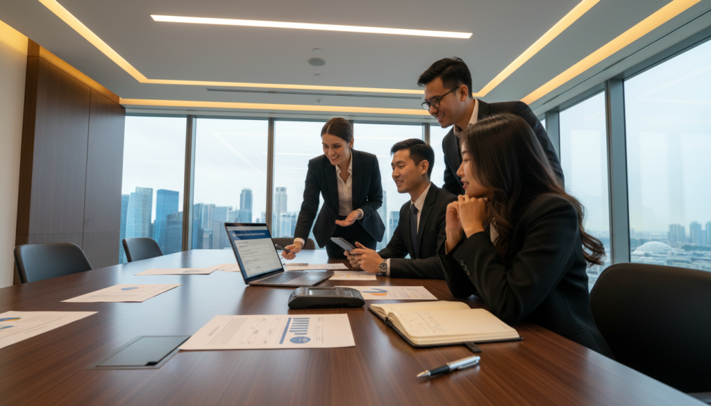 A professional office setting focused on the process of opening a business account in Singapore. In the foreground, a diverse group of three individuals dressed in smart business attire engage in a discussion around a sleek conference table, with a laptop displaying banking forms. The middle layer shows documents and an open pen resting on a notepad, implying key information being discussed. In the background, a window allows natural light to pour in, revealing a skyline view of Singapore's modern architecture. The atmosphere is collaborative and professional, with warm lighting creating a welcoming feel, shot with a slight tilt to emphasize the engagement between the subjects. The overall composition aims to convey a spirit of professionalism and readiness for bank onboarding.