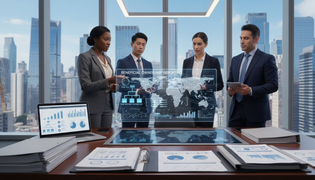 A professional office setting showcasing a digital interface displaying comprehensive ownership data. In the foreground, there are well-organized documents, graphs, and charts depicting ownership percentages and structures, with a stylish laptop open, presenting key statistics. The middle layer features a diverse group of professionals, including a Black woman and a Hispanic man, both dressed in tailored business attire, engaged in serious discussion about the data, emphasizing collaboration. In the background, large windows reveal a modern cityscape filled with skyscrapers under bright daylight, casting a clean, inviting atmosphere. Soft lighting highlights the focus on the information being discussed while creating a sense of clarity and professionalism, capturing the mood of diligence and importance associated with beneficial ownership reporting.
