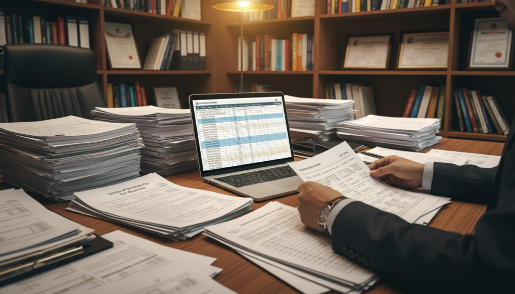 A professional office setting with a focus on a desk cluttered with detailed GST returns records, neatly stacked papers, and financial documents illuminated by soft, warm overhead lighting. In the foreground, a pair of hands in business attire are seen sorting through the papers, conveying a meticulous approach to auditing. In the middle ground, a laptop displays complex spreadsheets open on the screen, showcasing financial data and analysis. The background features a well-organized bookshelf filled with accounting textbooks and certifications, enhancing the atmosphere of professionalism. The image is captured from a slightly elevated angle to emphasize the action, creating a sense of engagement in the auditing process. The overall mood is serious and focused, reflecting the importance of accurate record-keeping in the GST audit context.