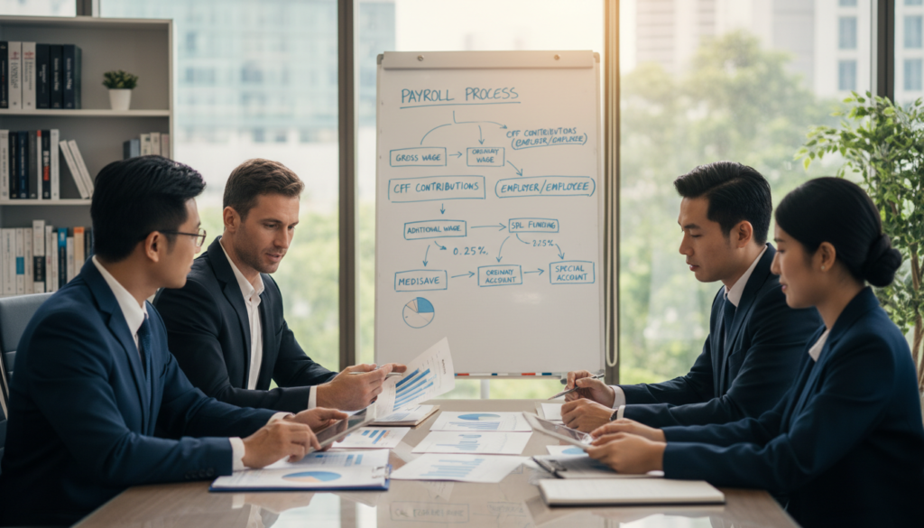 A professional office setting with a focus on employment payroll, CPF, and SDL essentials. In the foreground, a diverse group of business professionals dressed in business attire are reviewing financial documents and charts on a conference table, engaged in a collaborative discussion. The middle ground features a large whiteboard with diagrams illustrating payroll processes, CPF contributions, and SDL requirements. The background shows a modern office with large windows letting in natural light, greenery visible outside, and shelves filled with business books. The atmosphere is focused and productive, conveying the seriousness of post-incorporation hiring responsibilities. Use a shallow depth of field to emphasize the subjects and create a warm, inviting tone.