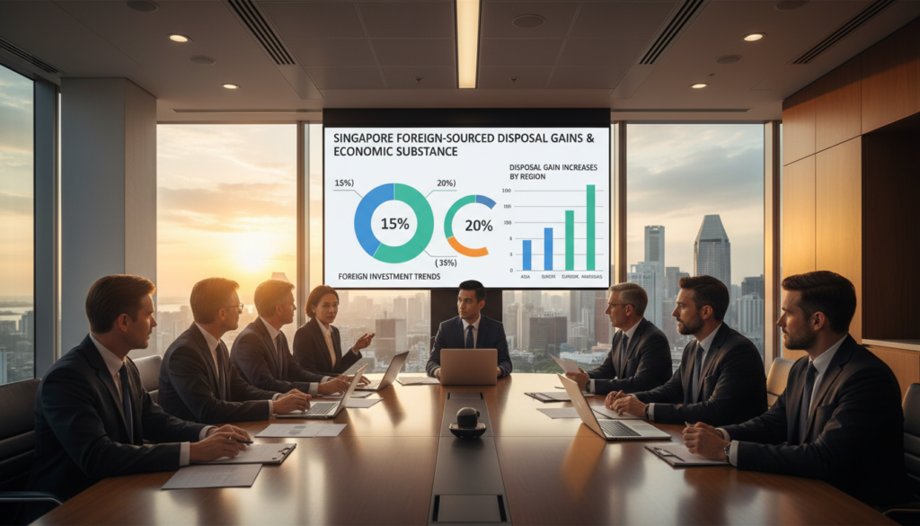 A professional office setting with a large conference table in the foreground, surrounded by diverse business people in professional attire engaging in a discussion about foreign-sourced disposal gains. In the middle, a large digital screen displays graphs and data illustrating tax changes and foreign investment trends in Singapore, with colorful pie charts and bar graphs showing increases in disposal gains. The background features a panoramic window with a view of Singapore's iconic skyline during sunset, casting warm, golden light across the room, creating a mood of collaboration and insight. Capture the scene from a slight upward angle to enhance the confidence and engagement among the participants. The atmosphere should convey professionalism and focus on the topic of economic substance.