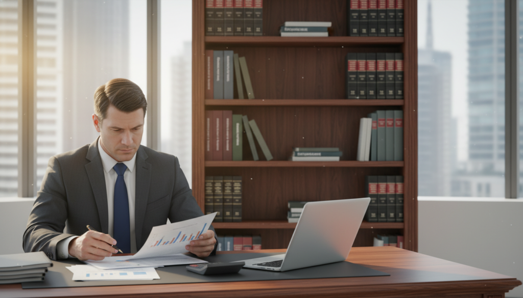 A professional office setting with an elegant wooden desk in the foreground, featuring a laptop open with financial documents and a calculator. To the left, a well-dressed business professional, wearing a tailored suit, is reviewing company registration paperwork, looking focused and engaged. In the middle ground, a bookshelf filled with legal and finance books is visible, symbolizing knowledge and expertise. The background reveals a well-lit office space with large windows, letting in natural light that creates a warm atmosphere. The lighting is soft and inviting, enhancing the professional mood. The image is photorealistic, capturing the essence of business diligence and compliance, while evoking a sense of readiness and organization. A professional office setting with an elegant wooden desk in the foreground, featuring a laptop open with financial documents and a calculator. To the left, a well-dressed business professional, wearing a tailored suit, is reviewing company registration paperwork, looking focused and engaged. In the middle ground, a bookshelf filled with legal and finance books is visible, symbolizing knowledge and expertise. The background reveals a well-lit office space with large windows, letting in natural light that creates a warm atmosphere. The lighting is soft and inviting, enhancing the professional mood. The image is photorealistic, capturing the essence of business diligence and compliance, while evoking a sense of readiness and organization.