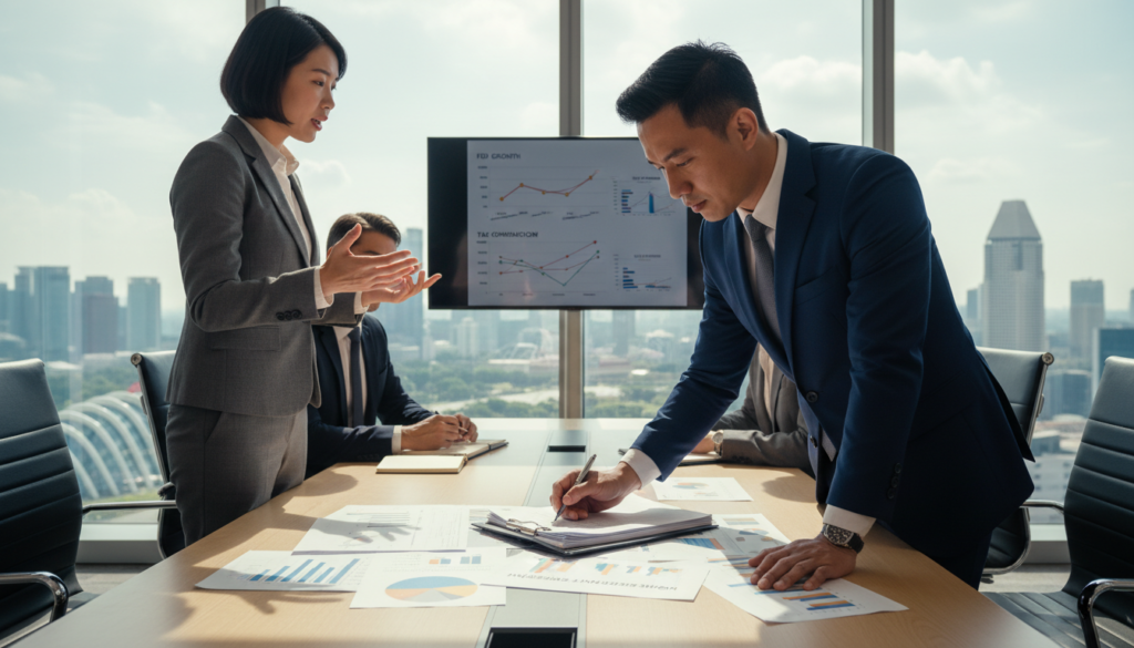 A professional, photorealistic depiction of a diverse group of business people gathered around a sleek, modern conference table. In the foreground, focus on a Southeast Asian man in a tailored suit reviewing paperwork, with charts and documents specifically related to non-resident tax rates spread across the table. The middle-ground shows a Southeast Asian woman in professional attire discussing points animatedly, with a digital tablet displaying graphs behind her. The background features large windows with a skyline view of Singapore, highlighting modern architecture and greenery. The scene is well-lit with natural daylight pouring in, creating a productive and focused atmosphere, evoking a sense of importance and urgency related to international tax discussions.