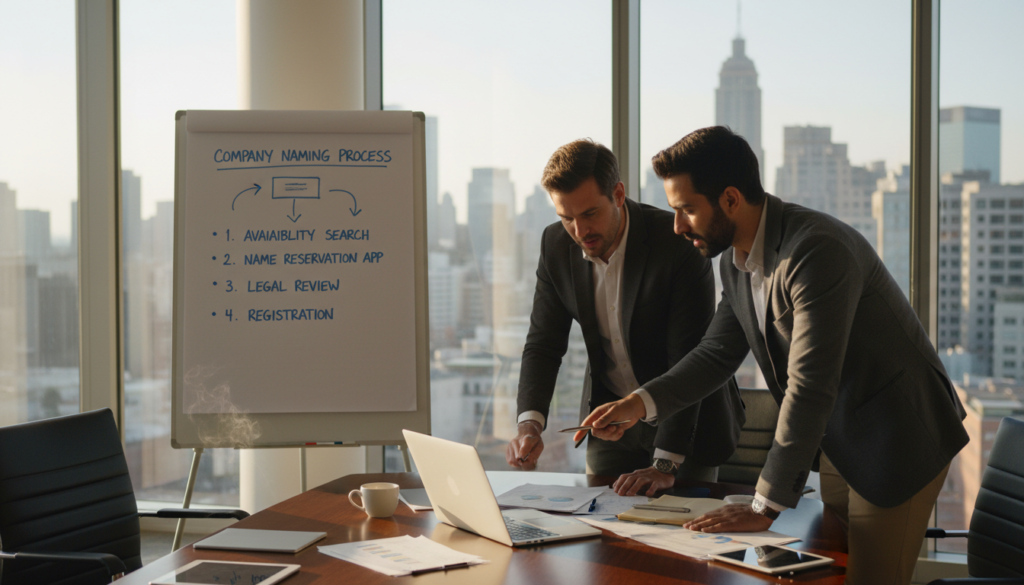 A professional, photorealistic scene illustrating a business setting focused on "name reservation registration." In the foreground, a diverse group of three businesspeople—two men and one woman—dressed in smart casual attire, are intensely discussing documents on a polished conference table filled with stationery and a laptop. In the middle ground, there’s a large, sleek whiteboard displaying a flowchart outlining steps for naming a company. The background reveals a modern office with large windows, letting in warm, natural sunlight that enhances a productive atmosphere. The angle is slightly elevated, capturing their engaged expressions, conveying a mood of focus and collaboration, emphasizing the importance of this initial business step.