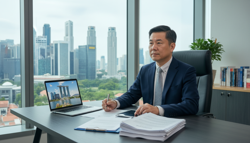 A professional resident director seated at a sleek, modern desk in a well-lit office space, surrounded by compliance documents and a laptop displaying a Singapore skyline. The director is a middle-aged Asian man, dressed in a tailored navy suit with a crisp white shirt, exuding confidence and authority. In the background, large windows reveal a view of the bustling city, with skyscrapers and greenery integrating to create a dynamic urban landscape. Soft, natural lighting illuminates the room, creating a warm yet professional atmosphere. The focus is on the director, conveying a sense of responsibility and readiness to ensure continuous compliance with local regulations, as he reviews important papers with a thoughtful expression.