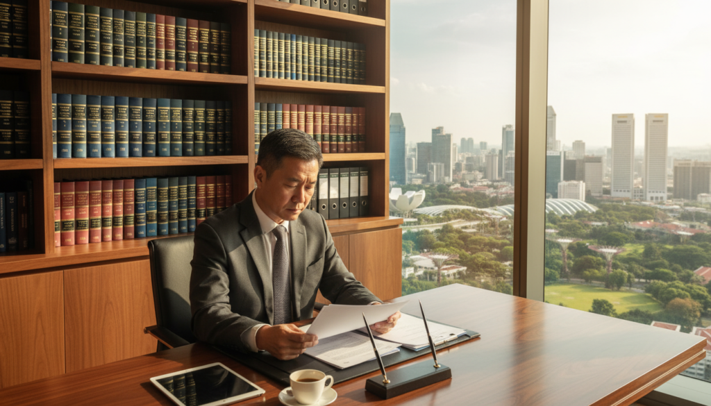 A professional scene showcasing a resident director in an office environment. In the foreground, a middle-aged Asian male, dressed in a formal business suit, is seated at a polished wooden desk, reviewing documents. His expression is focused and thoughtful. In the middle background, a well-organized bookshelf filled with legal books and corporate files reflects a corporate atmosphere. A large window reveals a cityscape of Singapore, hinting at iconic skyscrapers and greenery. The lighting is warm and inviting, with natural light streaming in, adding a sense of clarity and professionalism. The image is captured from a slightly elevated angle, emphasizing the director's role and the significance of his position, creating a mood of authority and responsibility in the context of corporate governance.