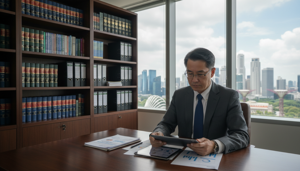 A professional setting depicting a "beneficial owner" in an office environment. In the foreground, a well-dressed individual, a middle-aged Asian man in a sharp business suit, is reviewing financial documents and charts on a sleek wooden desk. In the middle, shelves filled with legal books and documentation reflect a corporate atmosphere. In the background, large windows let in natural light, illuminating the cityscape of Singapore with its iconic skyline. The scene is captured with a shallow depth of field, creating a focus on the owner while softly blurring the background. The mood is serious and analytical, conveying the importance of proper documentation and compliance in business ownership.