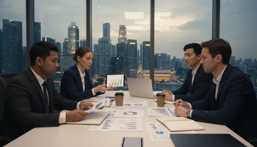 A professional setting depicting a diverse group of foreign business owners engaged in a discussion about dividend remittance in Singapore. In the foreground, a South Asian businessman in a tailored suit is analyzing financial documents, while a Caucasian woman in a smart blazer shares insights from a tablet. The middle ground features a modern office conference table adorned with charts and graphs related to investment strategies. In the background, large windows showcase the iconic Singapore skyline, bathed in soft, natural light as dusk approaches. The atmosphere is focused and collaborative, emphasizing the importance of understanding financial processes for foreign investors. The image is photorealistic, capturing the professionalism and multicultural environment of Singapore's business scene. A professional setting depicting a diverse group of foreign business owners engaged in a discussion about dividend remittance in Singapore. In the foreground, a South Asian businessman in a tailored suit is analyzing financial documents, while a Caucasian woman in a smart blazer shares insights from a tablet. The middle ground features a modern office conference table adorned with charts and graphs related to investment strategies. In the background, large windows showcase the iconic Singapore skyline, bathed in soft, natural light as dusk approaches. The atmosphere is focused and collaborative, emphasizing the importance of understanding financial processes for foreign investors. The image is photorealistic, capturing the professionalism and multicultural environment of Singapore's business scene.