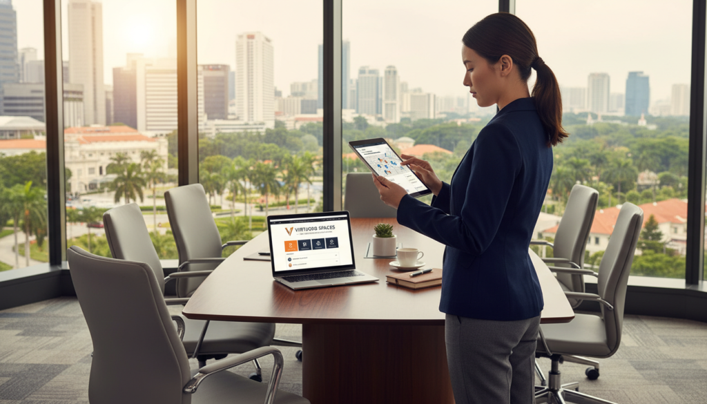 A professional virtual office setting in Singapore, showcasing a sleek, modern office space with a stunning view of Orchard Road. In the foreground, a well-dressed business professional is thoughtfully reviewing a digital tablet, displaying various office address options. The middle ground features a stylish conference table surrounded by comfortable chairs, with a laptop and business materials neatly arranged. The background captures the vibrant cityscape, including iconic buildings and lush greenery, bathed in bright, natural sunlight. The mood is focused and professional, emphasizing the importance of making the right choice in virtual office providers. The image is photorealistic, shot from a slightly elevated angle to provide a comprehensive view of the office environment and the city beyond.