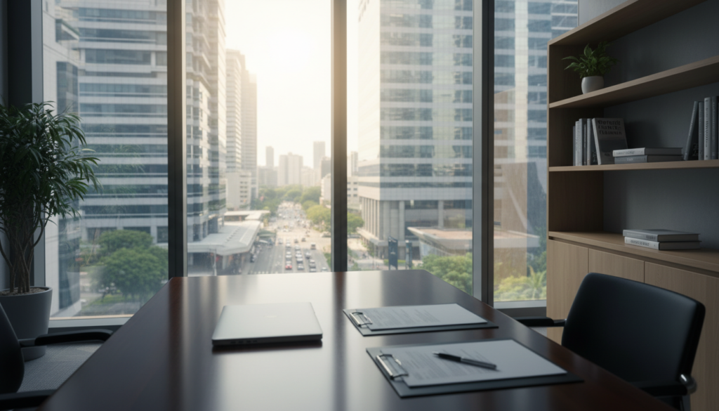 A serene office environment representing a dormant company in Singapore. In the foreground, a polished wooden desk with a closed laptop and a few neatly stacked documents, symbolizing inactivity. In the middle, a large window showcasing a view of a bustling Singapore skyline bathed in natural light, with skyscrapers reflecting the sun. The background features shelves with a few business books and a small potted plant, adding a touch of life to the stillness. The mood is calm and reflective, conveying a sense of pause and compliance in the corporate world. The scene is captured using a wide-angle lens, ensuring clarity and depth, with soft, diffused lighting creating a professional atmosphere. A serene office environment representing a dormant company in Singapore. In the foreground, a polished wooden desk with a closed laptop and a few neatly stacked documents, symbolizing inactivity. In the middle, a large window showcasing a view of a bustling Singapore skyline bathed in natural light, with skyscrapers reflecting the sun. The background features shelves with a few business books and a small potted plant, adding a touch of life to the stillness. The mood is calm and reflective, conveying a sense of pause and compliance in the corporate world. The scene is captured using a wide-angle lens, ensuring clarity and depth, with soft, diffused lighting creating a professional atmosphere.