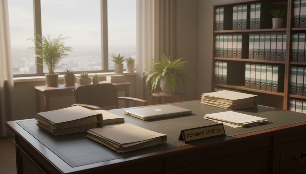 A serene office environment representing a dormant company. In the foreground, a polished wooden desk is cluttered with inactive paperwork, a closed laptop, and a dusty nameplate that reads "Dormant Company." The middle ground features a large window casting soft, natural light, illuminating the untouched space filled with potted plants, creating a calm atmosphere. In the background, shelves line the walls with neatly organized folders labeled "Tax Records" and “Financial Statements,” hinting at past activities. The overall scene conveys a sense of stagnation and calmness, evoking a professional yet quiet ambiance in a photorealistic style. The camera angle is slightly elevated, capturing the entire workspace with a balance of light and shadow, emphasizing the theme of dormancy. A serene office environment representing a dormant company. In the foreground, a polished wooden desk is cluttered with inactive paperwork, a closed laptop, and a dusty nameplate that reads "Dormant Company." The middle ground features a large window casting soft, natural light, illuminating the untouched space filled with potted plants, creating a calm atmosphere. In the background, shelves line the walls with neatly organized folders labeled "Tax Records" and “Financial Statements,” hinting at past activities. The overall scene conveys a sense of stagnation and calmness, evoking a professional yet quiet ambiance in a photorealistic style. The camera angle is slightly elevated, capturing the entire workspace with a balance of light and shadow, emphasizing the theme of dormancy.